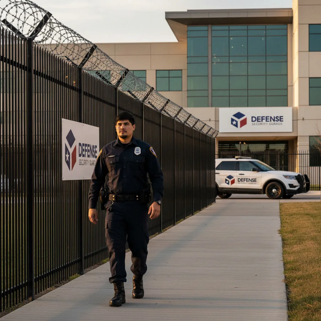 Gemini 2.5 flash image Guard walking a property perimeter or security vehicle conducting a patrol.